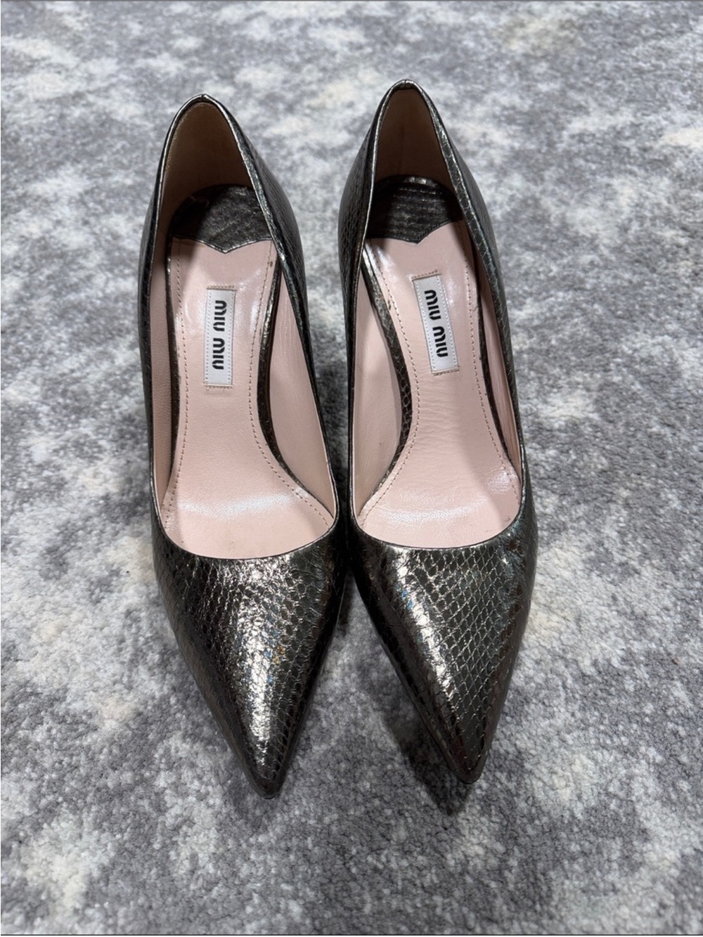 Miu Miu Metallic Snake-Embossed Pointed Toe Pumps in Gunmetal
